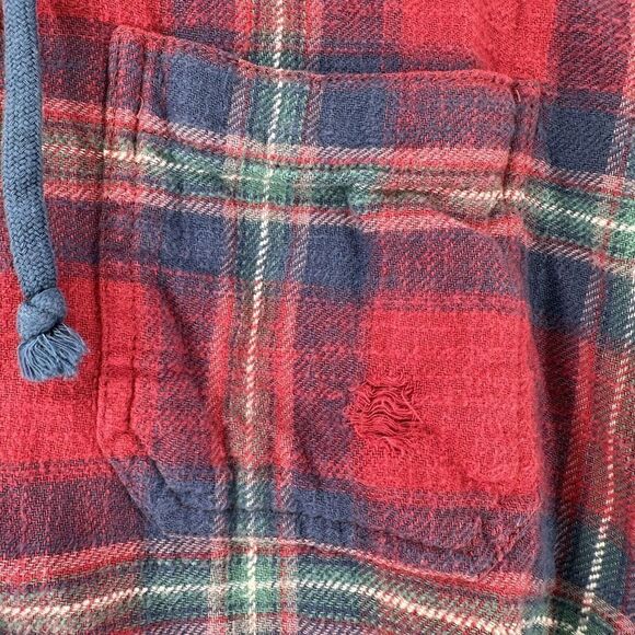 American Eagle Oversized Hooded Flannel Size S Red Blue Plaid Distressed Grunge - Picture 9 of 11